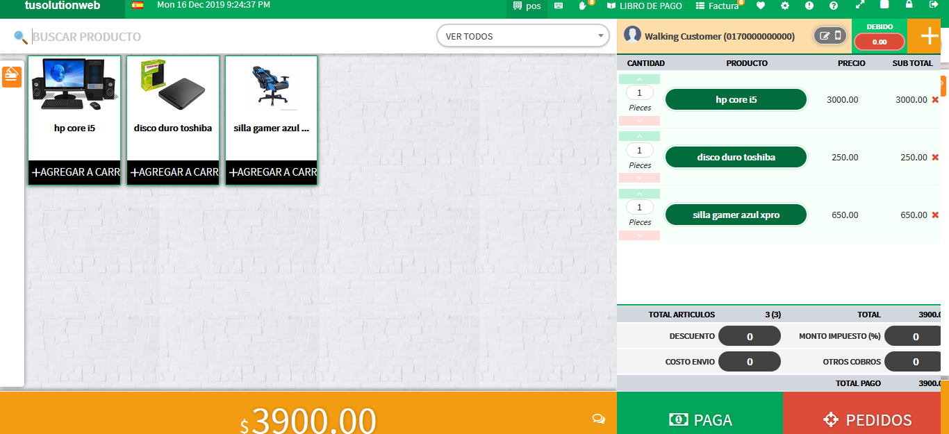 Panel izquierdo del POS